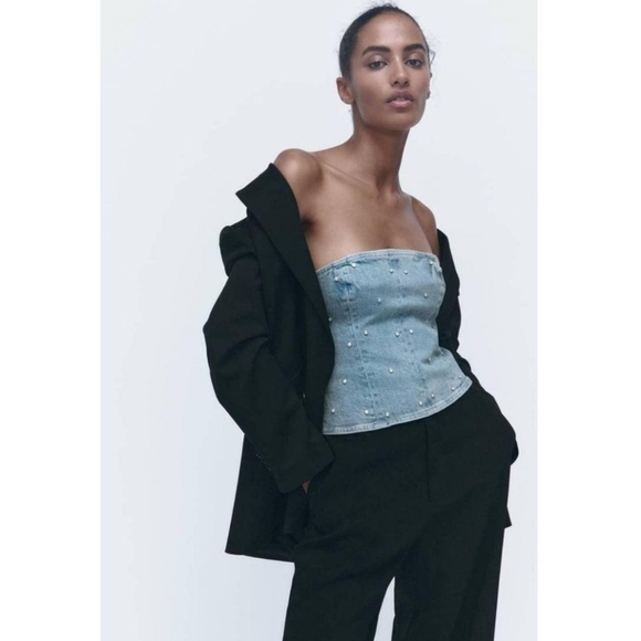 Zara Denim Top Jewel Corset Rhinestone size S - Picture 4 of 12